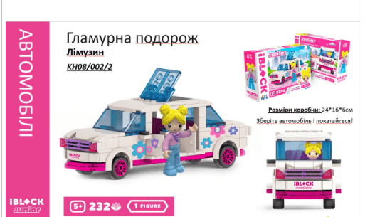 Конструктор Kids hits IBLOCK JUNIOR  арт. KH08/002/2 (36шт/2)  Дівчатка, Гламурна поїздка Лімузин, 232 дет,компл. фігур, інстр., наліпки,короб. 24*16*6