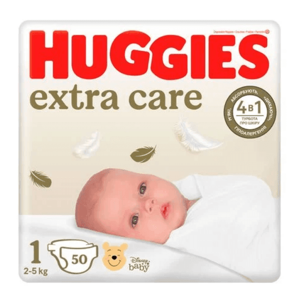 Huggies Extra Care підгузники дитячі 1 (2-5кг) 50шт