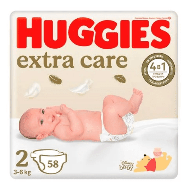 Huggies Extra Care підгузники дитячі 2 (3-6кг) 58шт