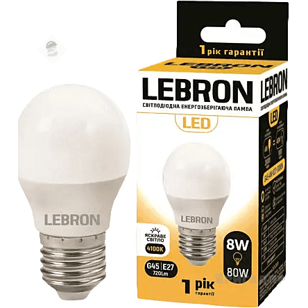 LED лампа LEBRON L-G45. 8W. 220V. E27. 4100K. 720Lm 111258