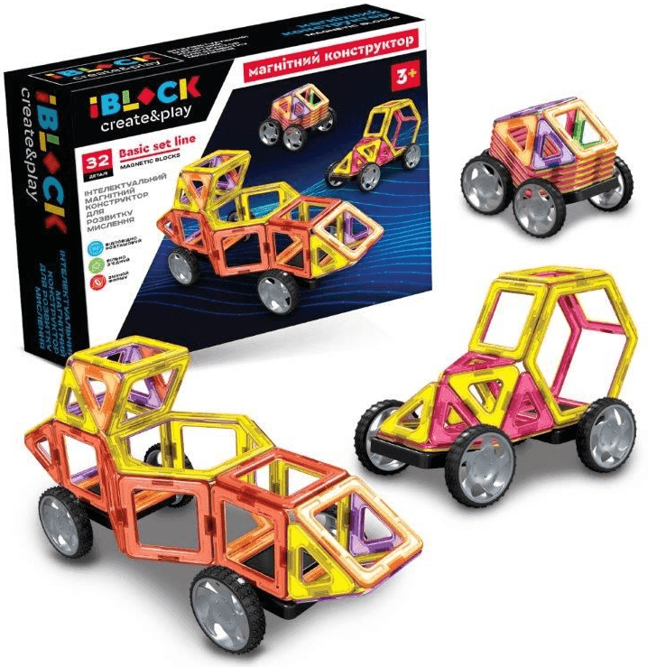 Конструктор магнітний IBLOCK PL-923-528 (12шт)32дет, інструк на укр+ наклейки з літер укр. алфавіту, цифри, геометрії. фігур, в кор. 31*8*25см