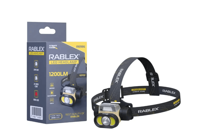Ліхтар налобний Rablex RB986 біле+червоне світло, 1200 люмен, сенсор тип с, водонепронекний 7456