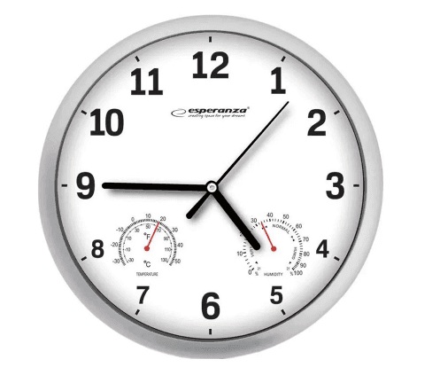 Годинник настінний Esperanza Lyon, темп(-30С/+50С)вологість,коло,25*3,6см, білий обід, білий циферблат,  тихий хід, EHC016W