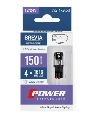 10108Х2 Лампа світлодіодна Brevia Power W5W 150Lm 4*1616SMD 12/24V CANbus ,2 шт
