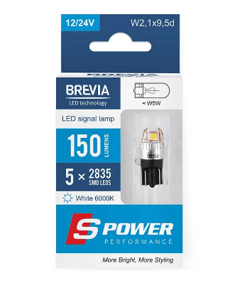10208Х2 Лампа світлодіодна Brevia S-Power W5W 150Lm 5*2835SMD 12/24V CANbus ,2 шт