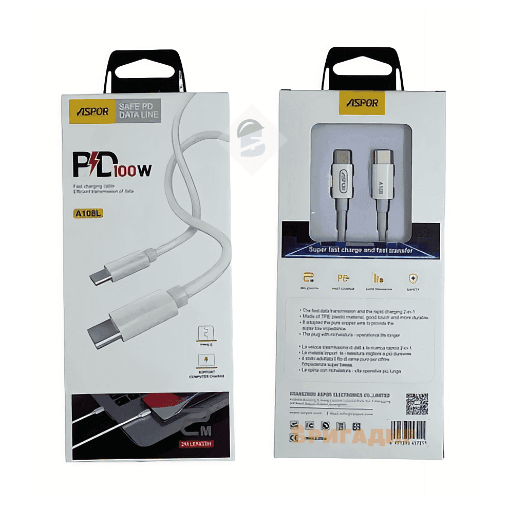 051626 кабель Aspor A108L PD Computer Fast Charge Type-C 100w 2м білий type-c to type-c