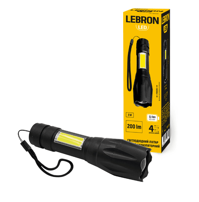 LED ліхтар ручний LEBRON L-HL-10185, ABS, 3W, 10000K, Li-ion 400mAh, чорний, шнур Type-C/USB 15-15-25