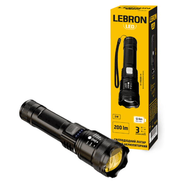 LED ліхтар ручний LEBRON L-HL-11302, ABS, 3W, 10000K, Li-ion 600mAh, чорний, шнур Type-C/USB 15-15-35