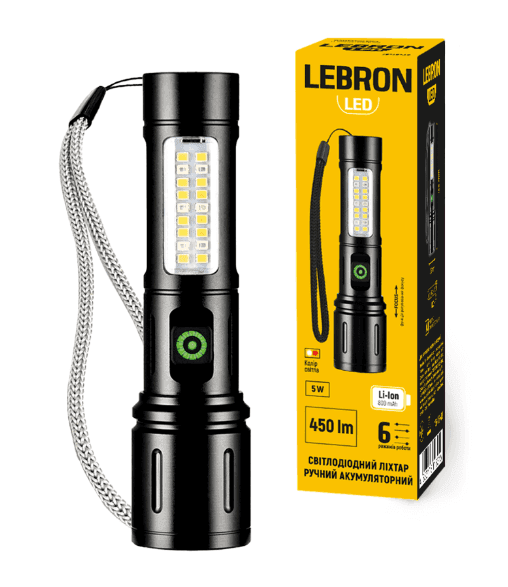 LED ліхтар ручний LEBRON L-HL-10679, алюміній, 5W, 10000K, Li-ion 800mAh, чорний, шнур Type-C/USB 15-15-43
