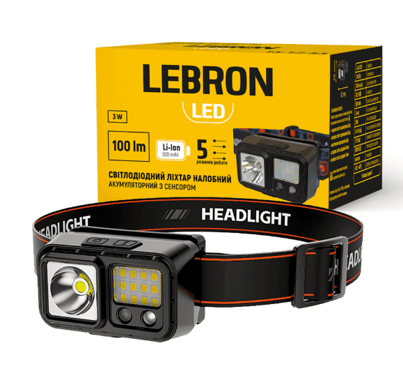 LED ліхтар налобний LEBRON L-HL-11225, ABS, 3W, 6500K, Li-ion 500mAh, чорний, шнур USB 15-15-60