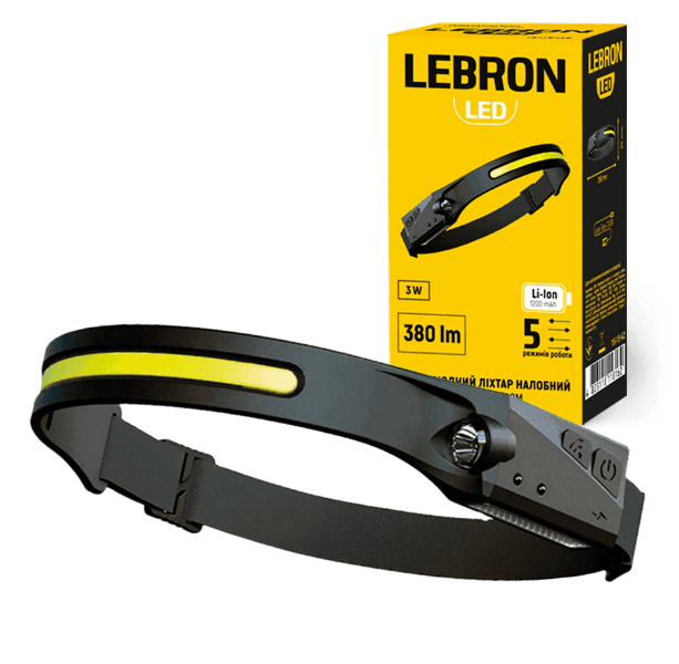 LED ліхтар налобний LEBRON L-HL-10157, ABS+силікон, 3W, 6500K, Li-ion 1200mAh, чорний, шнур USB 15-15-62