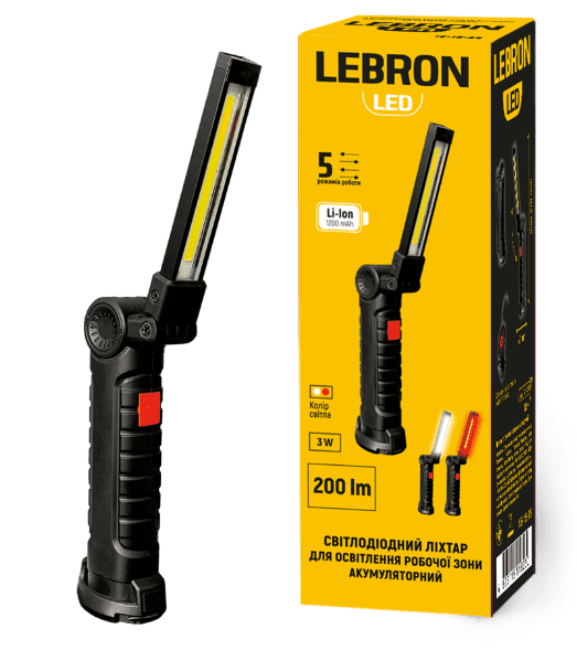 LED ліхтар для робочих зон LEBRON L-HL-10082, алюміній, 3W, 6500K, Li-ion 1200mAh, шнур Type-C/USB 15-15-95