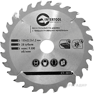 Диск пильний по дереву з твердосплавними напайками 150*22.2*1.5мм, 27 зубів CT-3015 INETRTOOL
