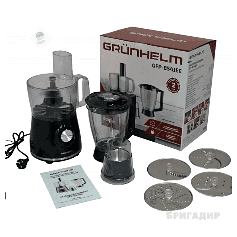 Кухонний комбайн GRUNHELM GFP-854JBE, 850 Вт,2 шв, імп режим, 4 диски, для тіста, для емульсій,чаша 1,2л,млинок 0,4л,чаша блендера 1,75л