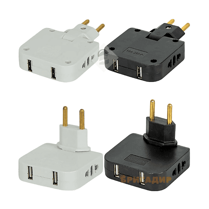 Мережевий перехідник 2USB+2UK/EU поворотний на 180 градусів 250V 10А
